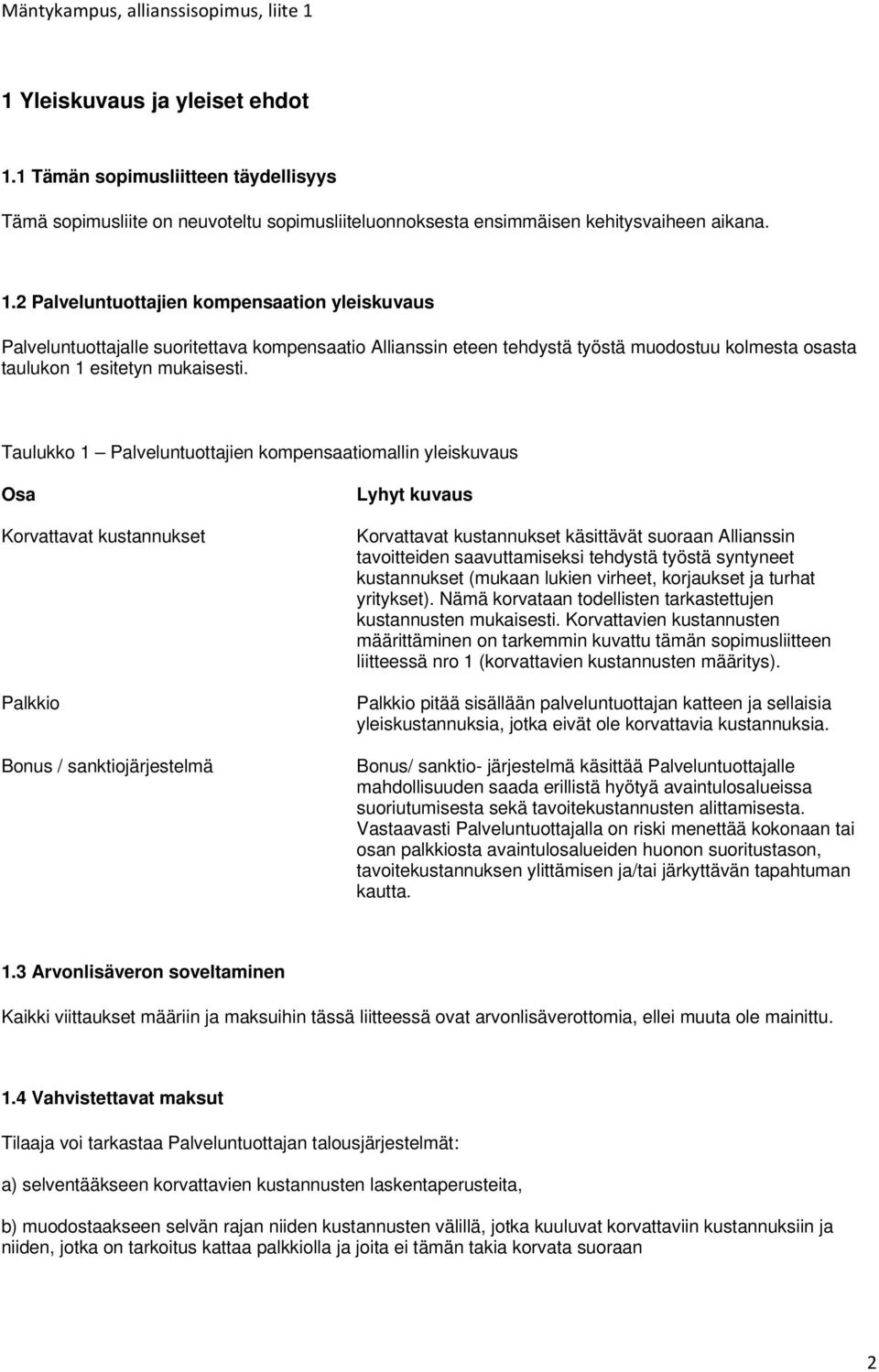 2 Palveluntuottajien kompensaation yleiskuvaus Palveluntuottajalle suoritettava kompensaatio Allianssin eteen tehdystä työstä muodostuu kolmesta osasta taulukon 1 esitetyn mukaisesti.