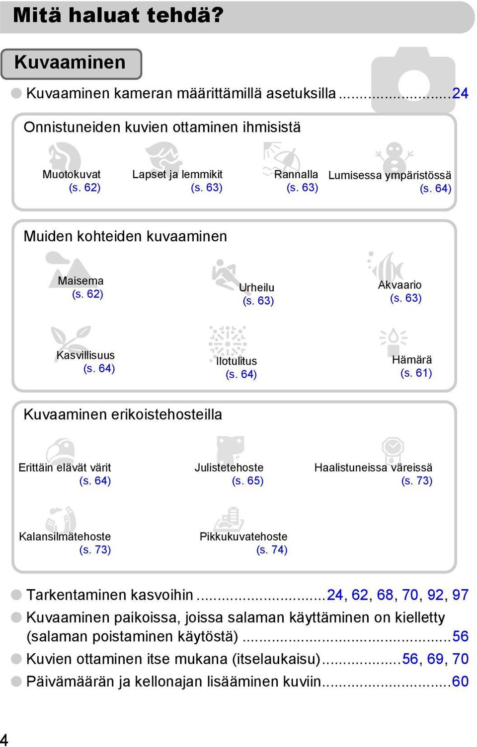 61) Kuvaaminen erikoistehosteilla Erittäin elävät värit (s. 64) Julistetehoste (s. 65) Haalistuneissa väreissä (s. 73) Kalansilmätehoste (s. 73) Pikkukuvatehoste (s. 74) Tarkentaminen kasvoihin.