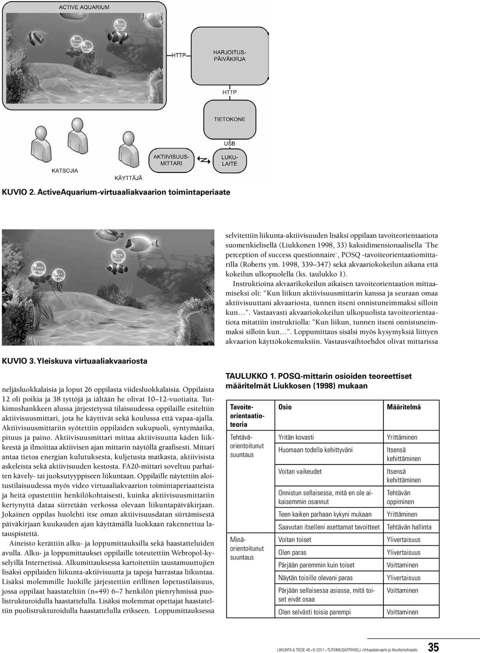 questionnaire`, POSQ -tavoiteorientaatiomittarilla (Roberts ym. 1998, 339 347) sekä akvaariokokeilun aikana että kokeilun ulkopuolella (ks. taulukko 1).