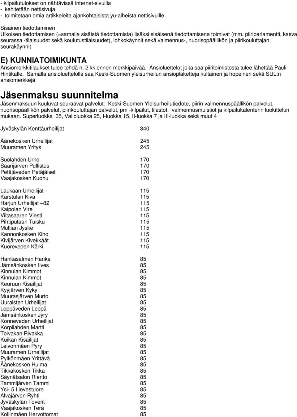 piiriparlamentti, kasva seurassa -tilaisuudet sekä koulutustilaisuudet), lohkokäynnit sekä valmennus-, nuorisopäällikön ja piirikouluttajan seurakäynnit E) KUNNIATOIMIKUNTA Ansiomerkkitilaukset tulee