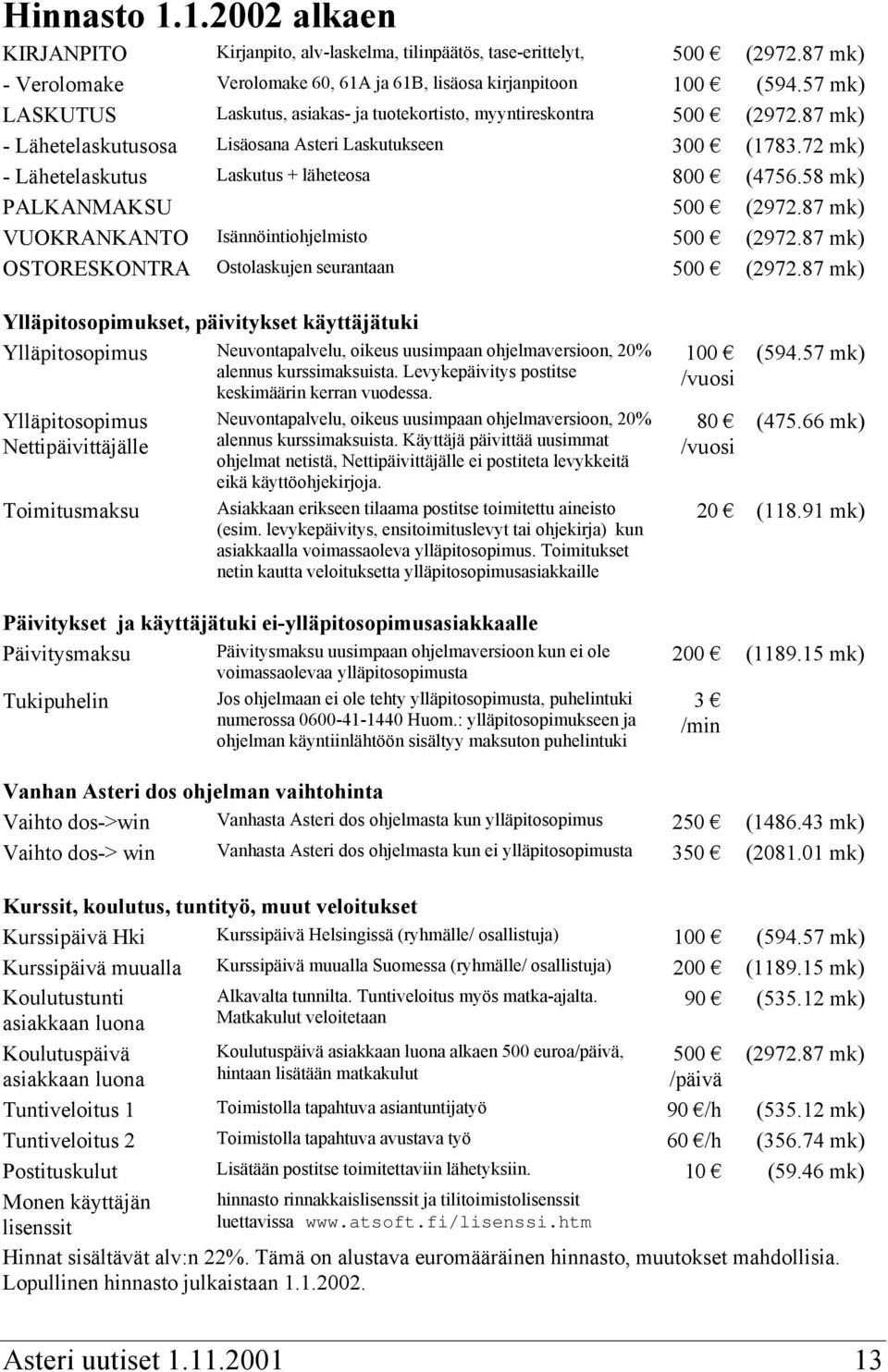 72 mk) - Lähetelaskutus Laskutus + läheteosa 800 (4756.58 mk) PALKANMAKSU 500 (2972.87 mk) VUOKRANKANTO Isännöintiohjelmisto 500 (2972.87 mk) OSTORESKONTRA Ostolaskujen seurantaan 500 (2972.