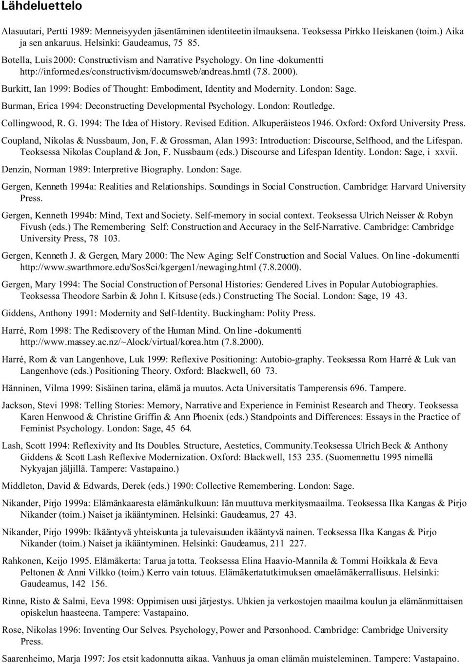 Burkitt, Ian 1999: Bodies of Thought: Embodiment, Identity and Modernity. London: Sage. Burman, Erica 1994: Deconstructing Developmental Psychology. London: Routledge. Collingwood, R. G.