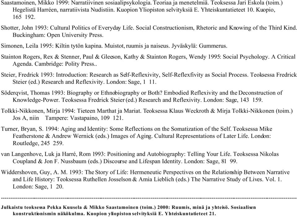 Simonen, Leila 1995: Kiltin tytön kapina. Muistot, ruumis ja naiseus. Jyväskylä: Gummerus. Stainton Rogers, Rex & Stenner, Paul & Gleeson, Kathy & Stainton Rogers, Wendy 1995: Social Psychology.