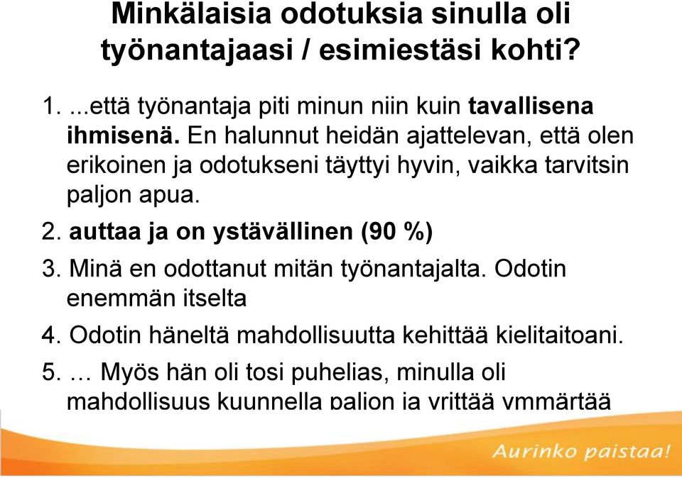 En halunnut heidän ajattelevan, että olen erikoinen ja odotukseni täyttyi hyvin, vaikka tarvitsin paljon apua. 2.