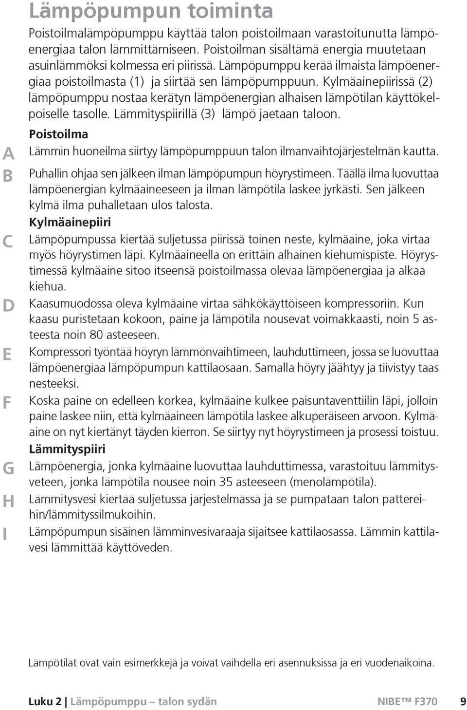 Kylmäainepiirissä (2) lämpöpumppu nostaa kerätyn lämpöenergian alhaisen lämpötilan käyttökelpoiselle tasolle. Lämmityspiirillä (3) lämpö jaetaan taloon.