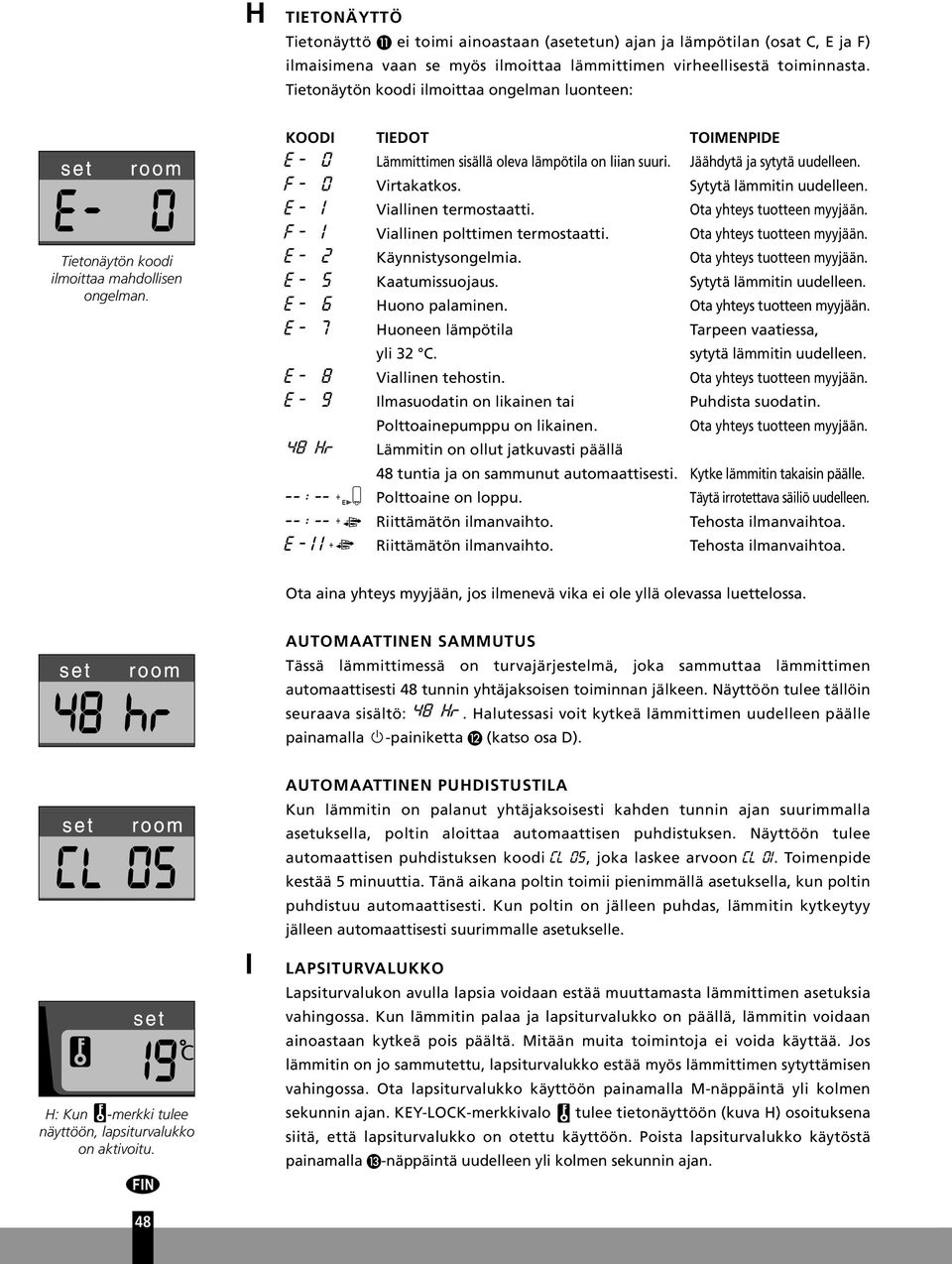 Jäähdytä ja sytytä uudelleen. f - 0 Virtakatkos. Sytytä lämmitin uudelleen. e - Viallinen termostaatti. Ota yhteys tuotteen myyjään. f - Viallinen polttimen termostaatti. Ota yhteys tuotteen myyjään. e - Käynnistysongelmia.