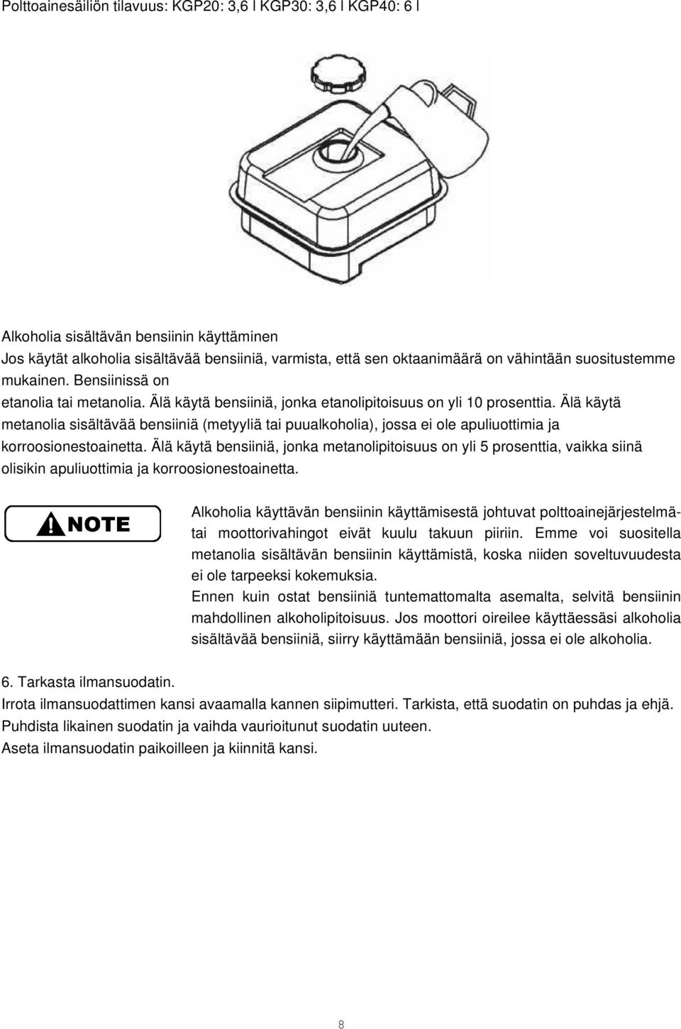 Älä käytä metanolia sisältävää bensiiniä (metyyliä tai puualkoholia), jossa ei ole apuliuottimia ja korroosionestoainetta.