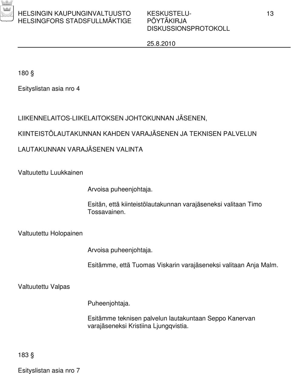 Esitän, että kiinteistölautakunnan varajäseneksi valitaan Timo Tossavainen. Valtuutettu Holopainen Arvoisa puheenjohtaja.