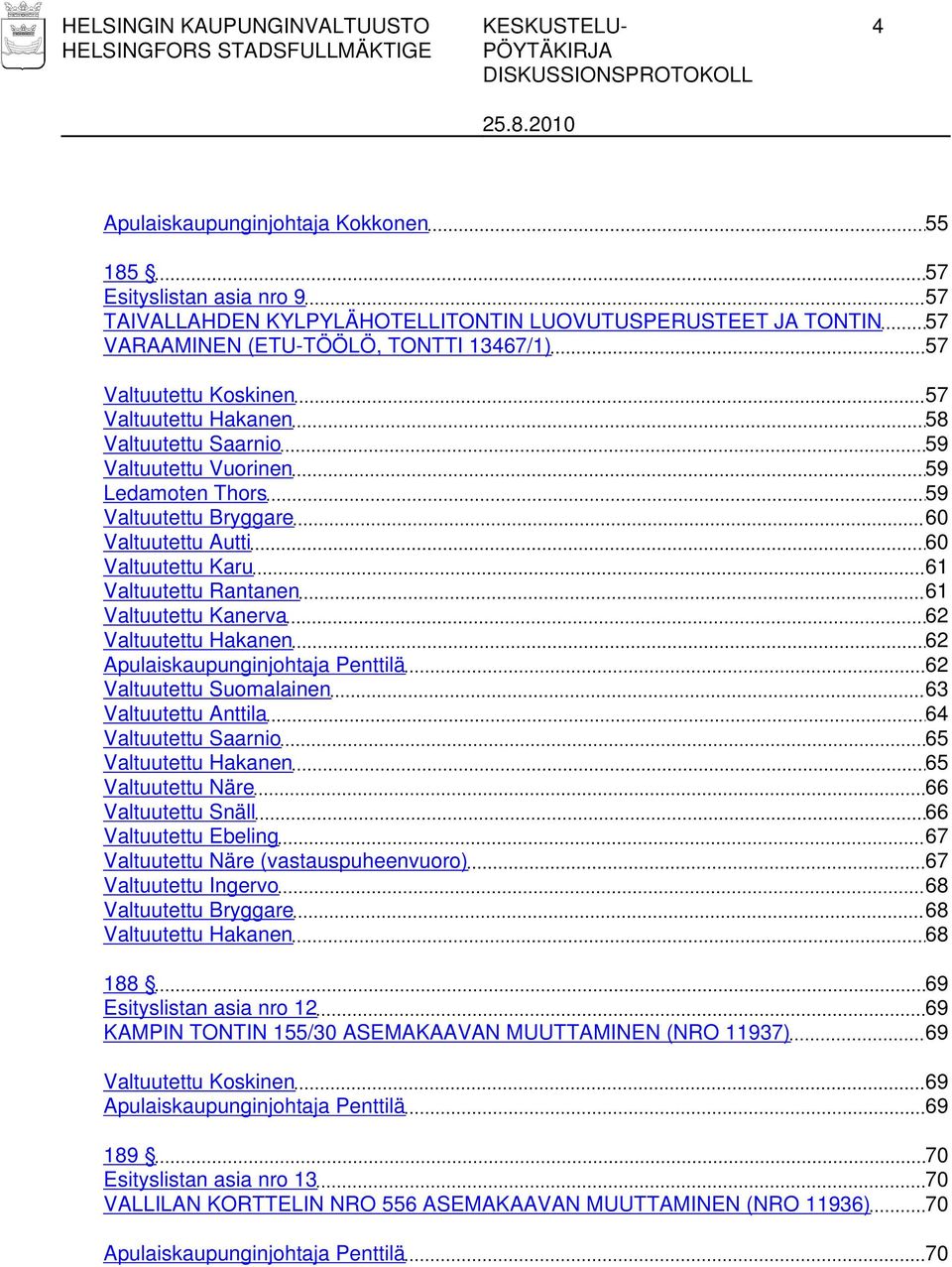 Valtuutettu Karu 61 Valtuutettu Rantanen 61 Valtuutettu Kanerva 62 Valtuutettu Hakanen 62 Apulaiskaupunginjohtaja Penttilä 62 Valtuutettu Suomalainen 63 Valtuutettu Anttila 64 Valtuutettu Saarnio 65