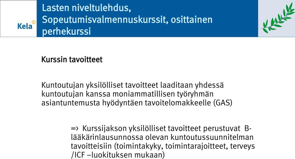 tavitelmakkeelle (GAS) => Kurssijaksn yksilölliset tavitteet perustuvat B- lääkärinlausunnssa