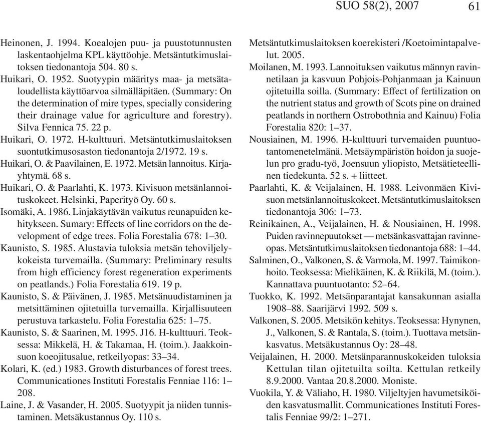 Silva Fennica 75. 22 p. Huikari, O. 1972. H-kulttuuri. Metsäntutkimuslaitoksen suontutkimusosaston tiedonantoja 2/1972. 19 s. Huikari, O. & Paavilainen, E. 1972. Metsän lannoitus. Kirjayhtymä. 68 s.