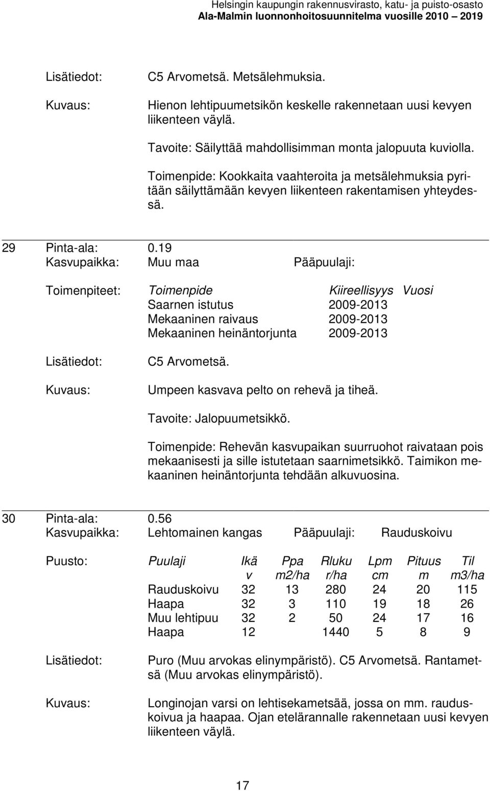 Toienpide: Kookkaita aahteroita ja etsälehuksia pyritään säilyttäään keyen liikenteen rakentaisen yhteydessä. 29 Pinta-ala: 0.