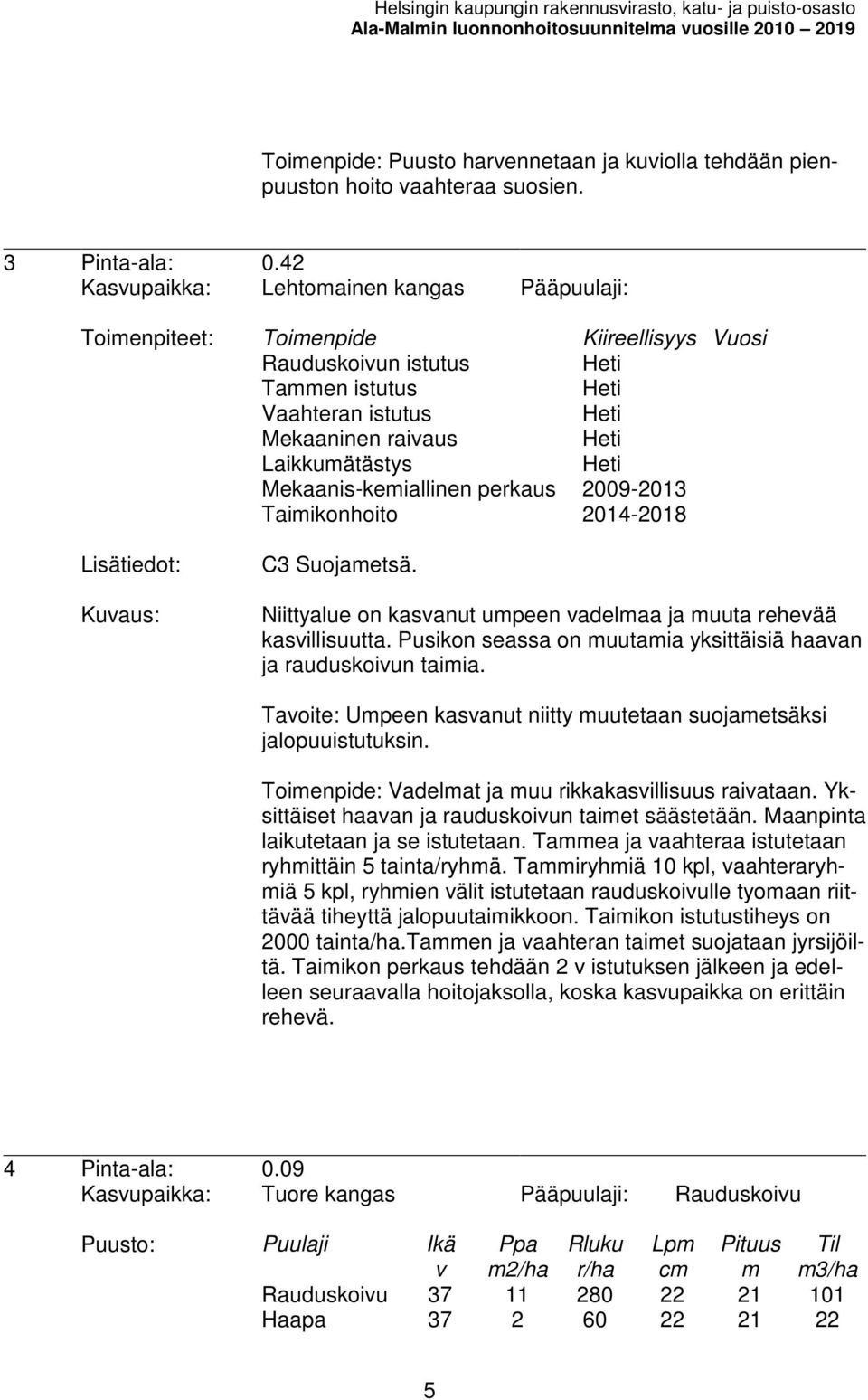 42 Kasupaikka: Lehtoainen kangas Pääpuulaji: Toienpiteet: Toienpide Kiireellisyys Vuosi Rauduskoiun istutus Taen istutus Vaahteran istutus Mekaaninen raiaus Laikkuätästys Mekaanis-keiallinen perkaus