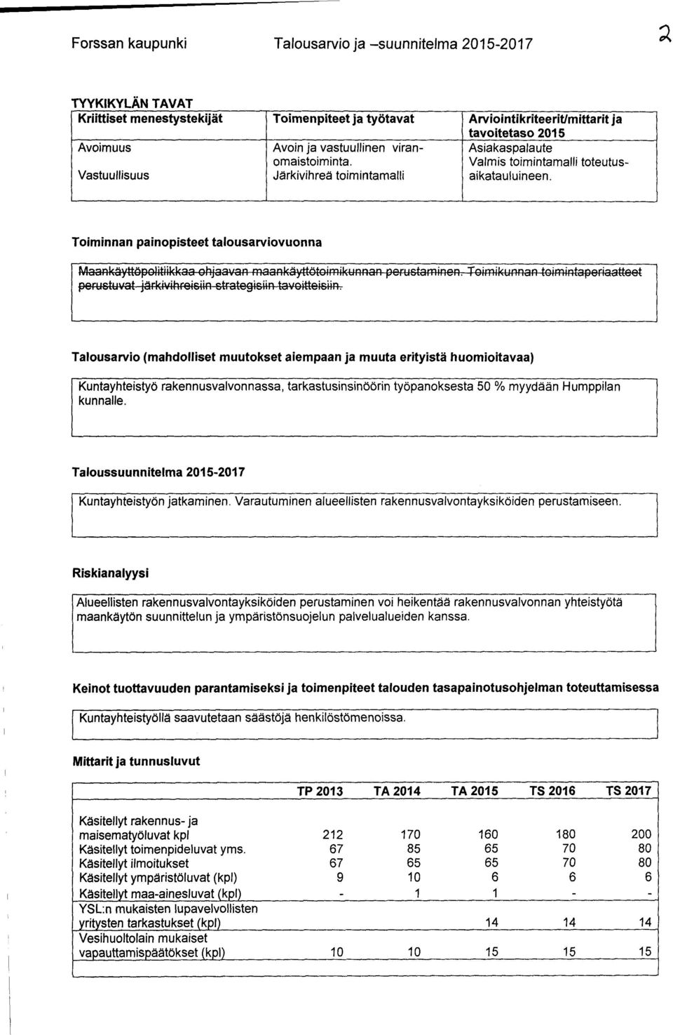 Toiminnan painopisteet talousarviovuonna Talousarvio (mahdolliset muutokset aiempaan ja muuta erityistä huomioitavaa) Kuntayhteistyö rakennusvalvonnassa, tarkastusinsinöörin työpanoksesta 50 %