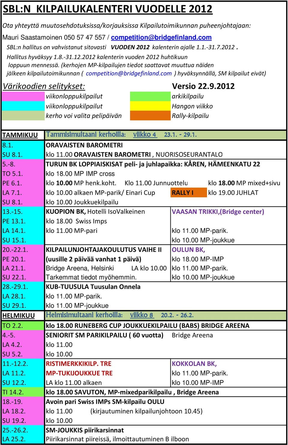 (kerhojen MP-kilpailujen tiedot saattavat muuttua näiden jälkeen kilpailutoimikunnan ( competition@bridgefinland.com ) hyväksynnällä, SM kilpailut eivät) Värikoodien selitykset: Versio 22.9.