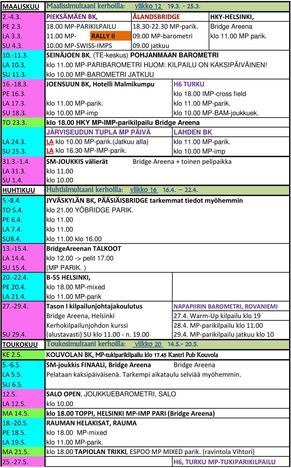 SU 11.3. klo 10.00 MP-BAROMETRI JATKUU 16.-18.3. JOENSUUN BK, Hotelli Malmikumpu H6 TURKU PE 16.3. klo 18.00 IMP-cross field LA 17.3. klo 11.00 MP-parik. klo 11.00 MP-parik. SU 18.3. klo 10.00 MP-imp klo 10.