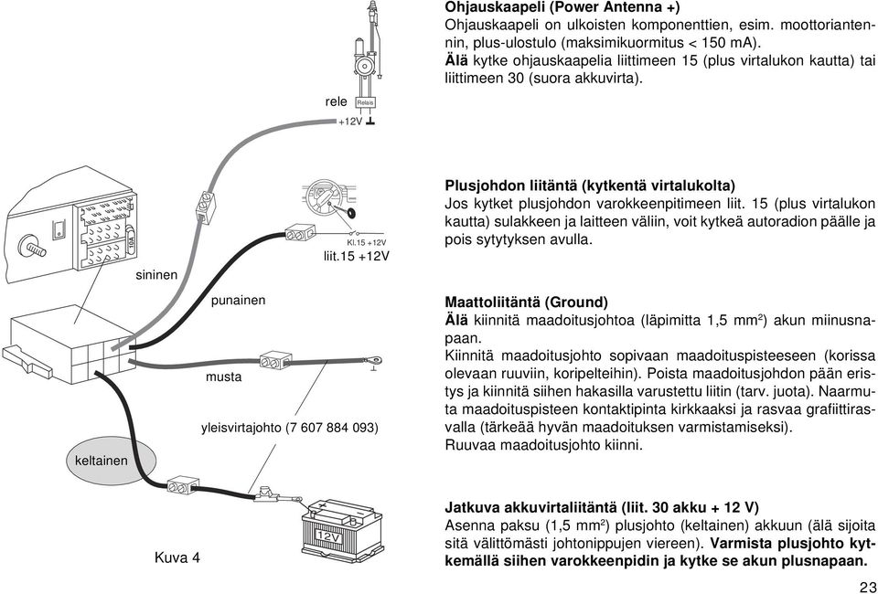 Plusjohdon liitäntä (kytkentä virtalukolta) Jos kytket plusjohdon varokkeenpitimeen liit.