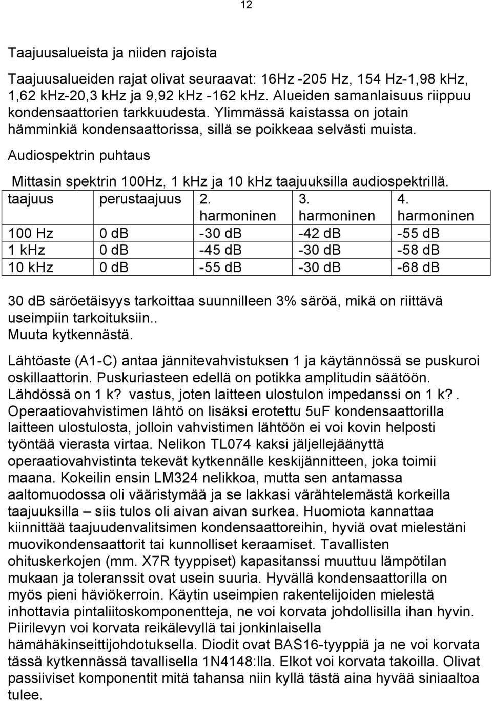 Audiospektrin puhtaus Mittasin spektrin 100Hz, 1 khz ja 10 khz taajuuksilla audiospektrillä. taajuus perustaajuus 2. harmoninen 3. harmoninen 4.