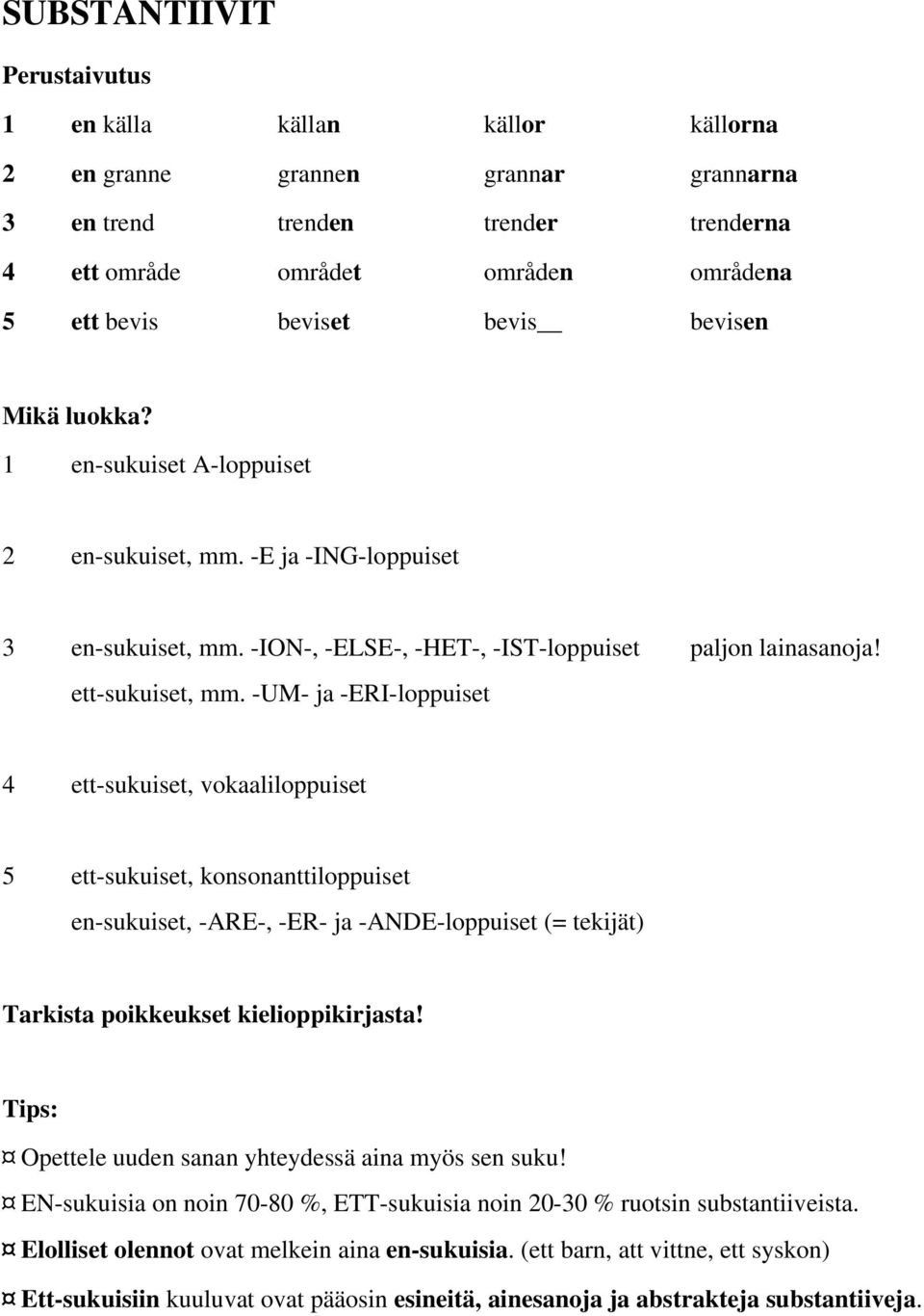 -UM- ja -ERI-loppuiset 4 ett-sukuiset, vokaaliloppuiset 5 ett-sukuiset, konsonanttiloppuiset en-sukuiset, -ARE-, -ER- ja -ANDE-loppuiset (= tekijät) Tarkista poikkeukset kielioppikirjasta!