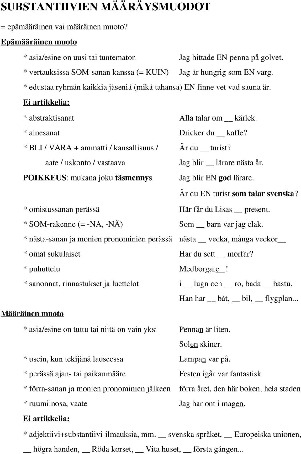 * ainesanat Dricker du kaffe? * BLI / VARA + ammatti / kansallisuus / Är du turist? aate / uskonto / vastaava Jag blir lärare nästa år. POIKKEUS: mukana joku täsmennys Jag blir EN god lärare.