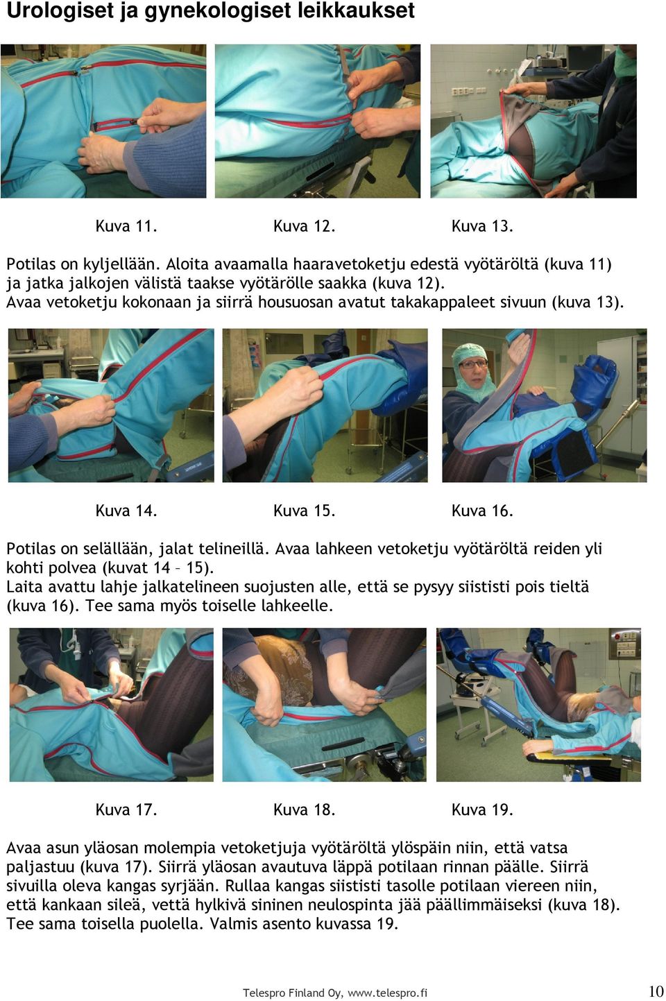 Avaa vetoketju kokonaan ja siirrä housuosan avatut takakappaleet sivuun (kuva 13). Kuva 14. Kuva 15. Kuva 16. Potilas on selällään, jalat telineillä.