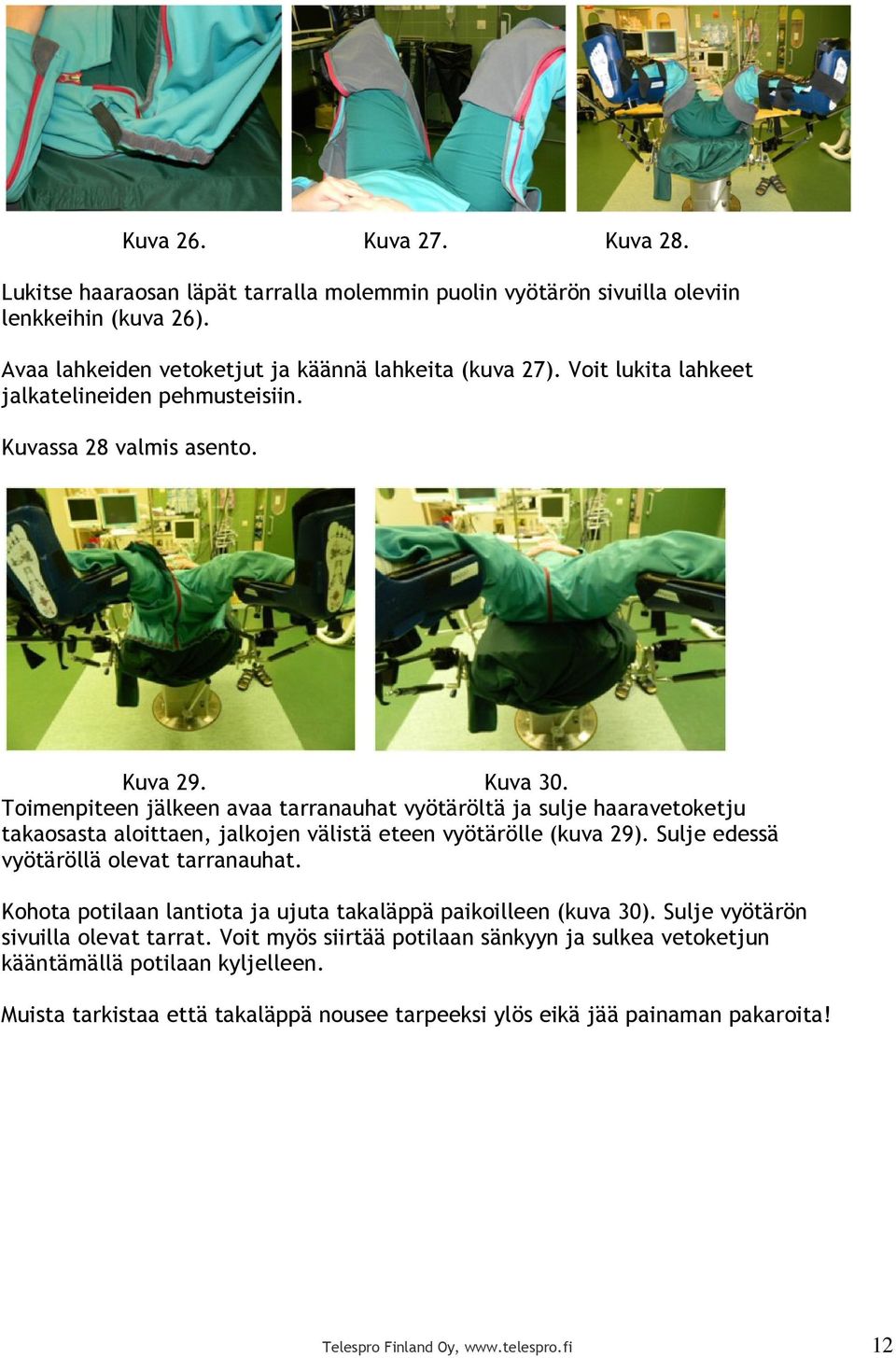 Toimenpiteen jälkeen avaa tarranauhat vyötäröltä ja sulje haaravetoketju takaosasta aloittaen, jalkojen välistä eteen vyötärölle (kuva 29). Sulje edessä vyötäröllä olevat tarranauhat.