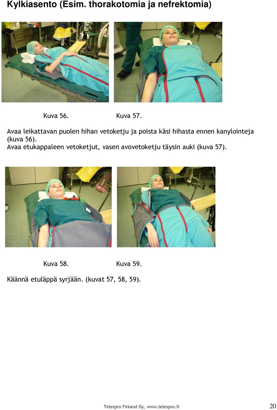 (kuva 56). Avaa etukappaleen vetoketjut, vasen avovetoketju täysin auki (kuva 57).