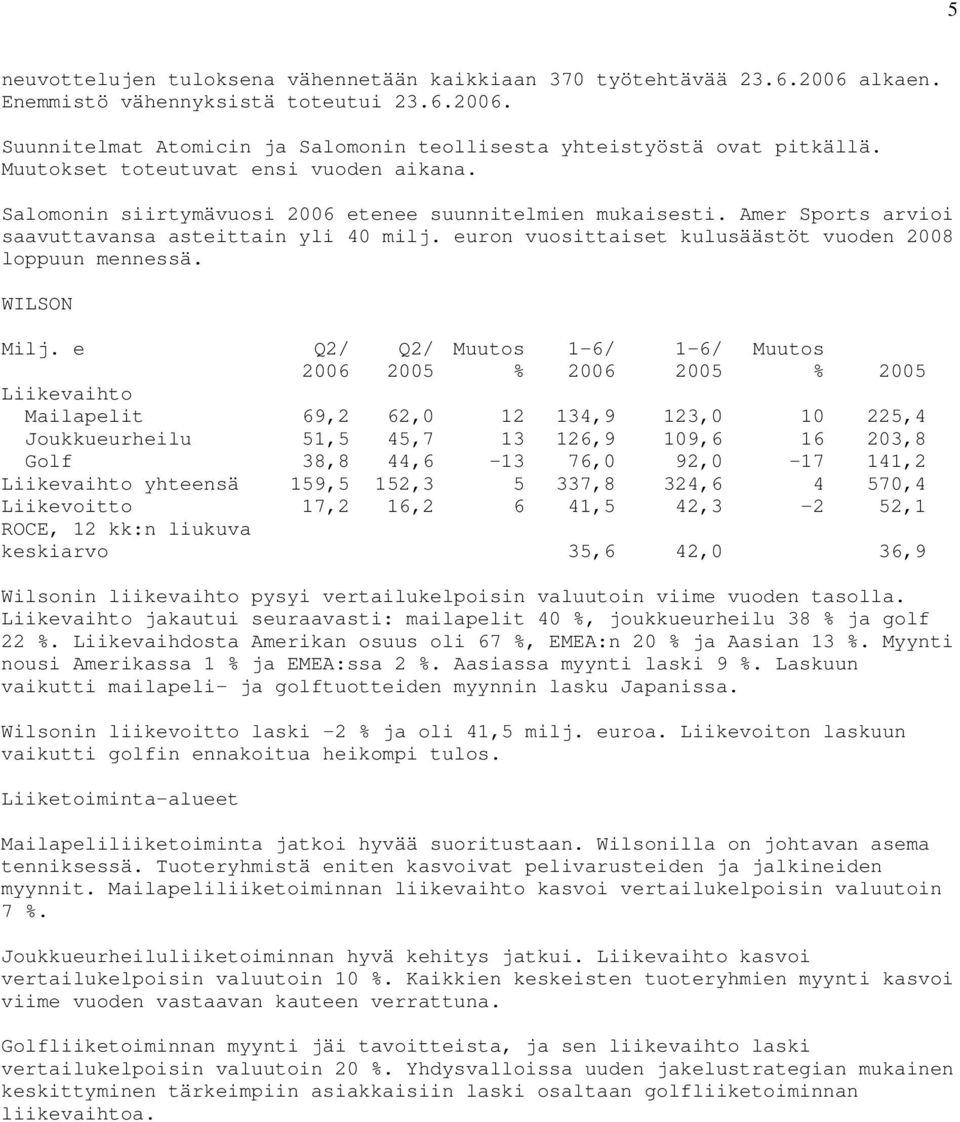 euron vuosittaiset kulusäästöt vuoden 2008 loppuun mennessä. WILSON Milj.