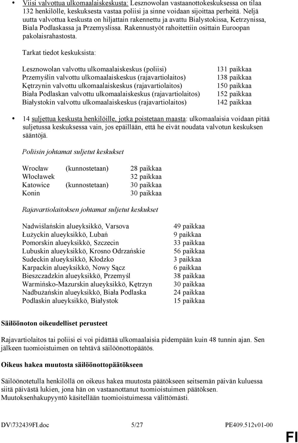 Tarkat tiedot keskuksista: Lesznowolan valvottu ulkomaalaiskeskus (poliisi) Przemyślin valvottu ulkomaalaiskeskus (rajavartiolaitos) Kętrzynin valvottu ulkomaalaiskeskus (rajavartiolaitos) Biała