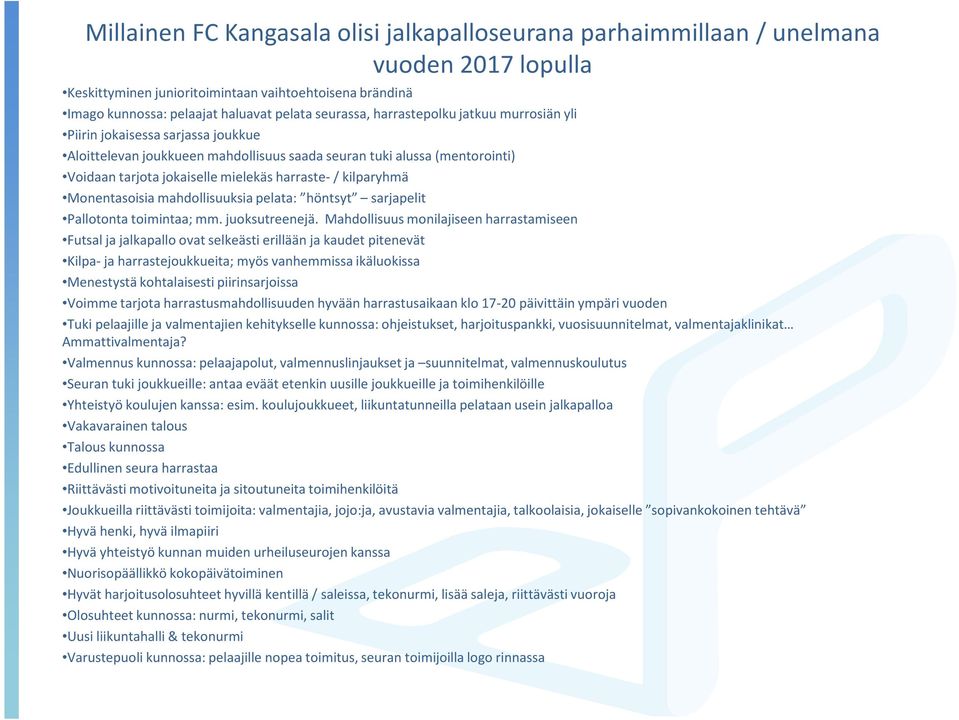 harraste- / kilparyhmä Monentasoisia mahdollisuuksia pelata: höntsyt sarjapelit Pallotonta toimintaa; mm. juoksutreenejä.