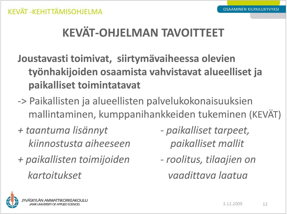 mallintaminen, kumppanihankkeiden tukeminen (KEVÄT) + taantuma a lisännyt paikalliset a tarpeet, kiinnostusta