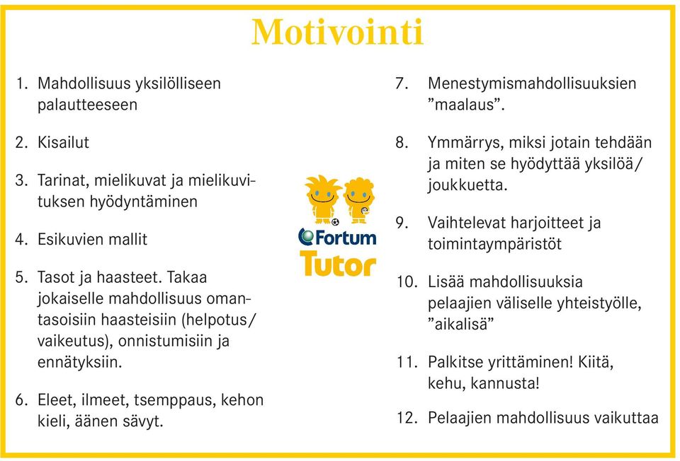 Eleet, ilmeet, tsemppaus, kehon kieli, äänen sävyt. 7. Menestymismahdollisuuksien maalaus. 8.