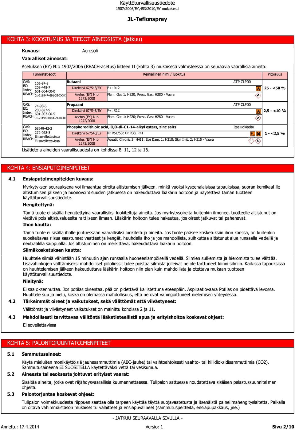 01-2119486944-21-XXXX CAS: 68649-42-3 EC: 272-028-3 Index: REACH: Butaani Direktiivi 67/548/EY Propaani Asetus (EY) N:o 1272/2008 Direktiivi 67/548/EY Asetus (EY) N:o 1272/2008 F+: R12 Flam.