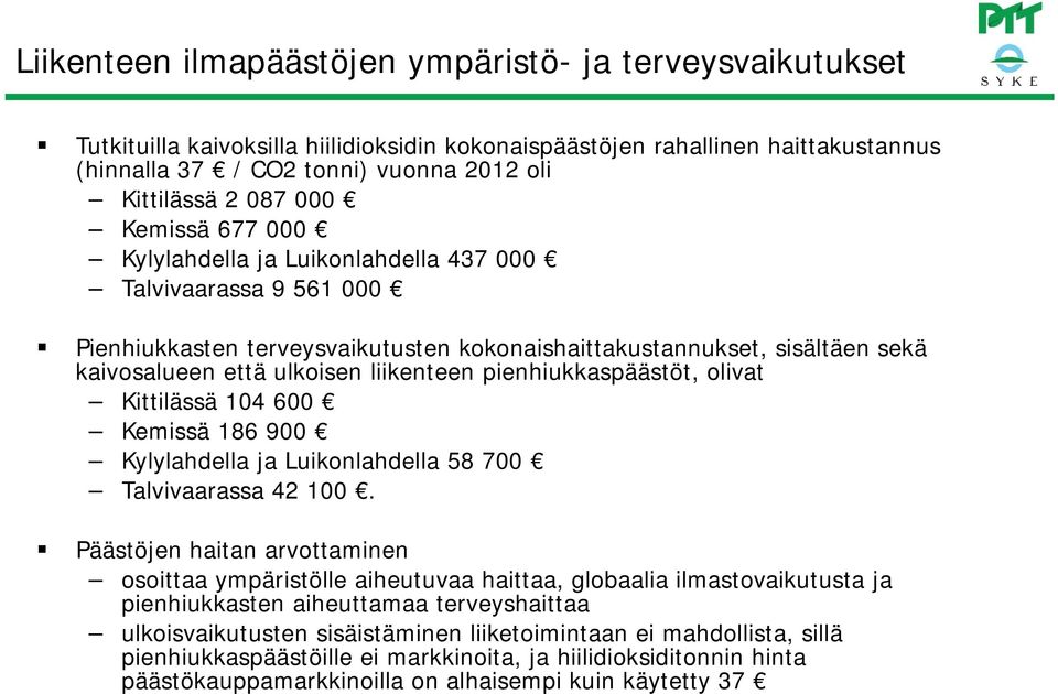 liikenteen pienhiukkaspäästöt, olivat Kittilässä 104 600 Kemissä 186 900 Kylylahdella ja Luikonlahdella 58 700 Talvivaarassa 42 100.