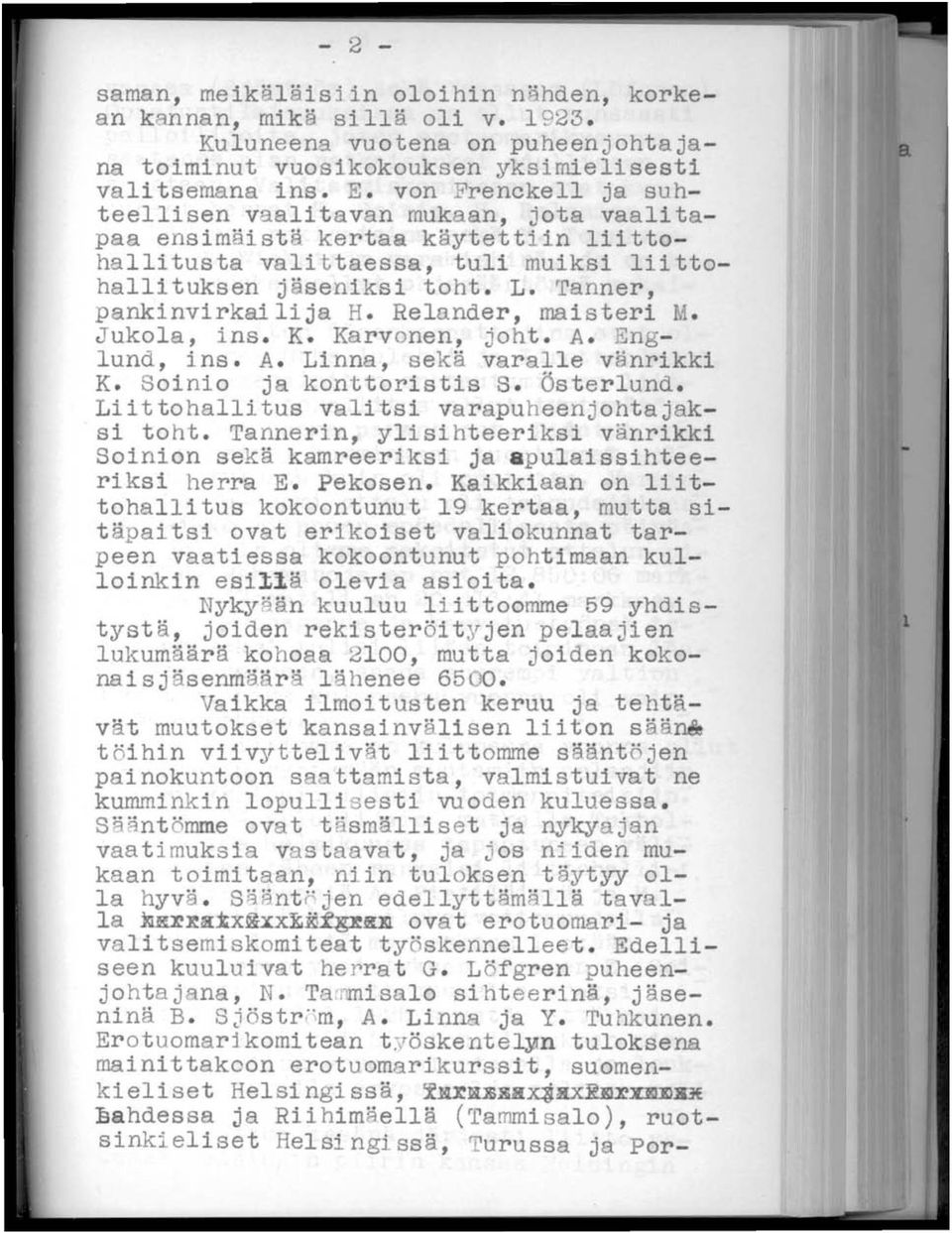 Relander, maisteri M. Jukola, ins. K. Karvonen, johto A. Englund, ins. A. Linna, sekä varalle vänrikki K. Soinio ja konttoristis S. Österlund. Liittohallitus valitsi varapuheenjohtajaksi toht.