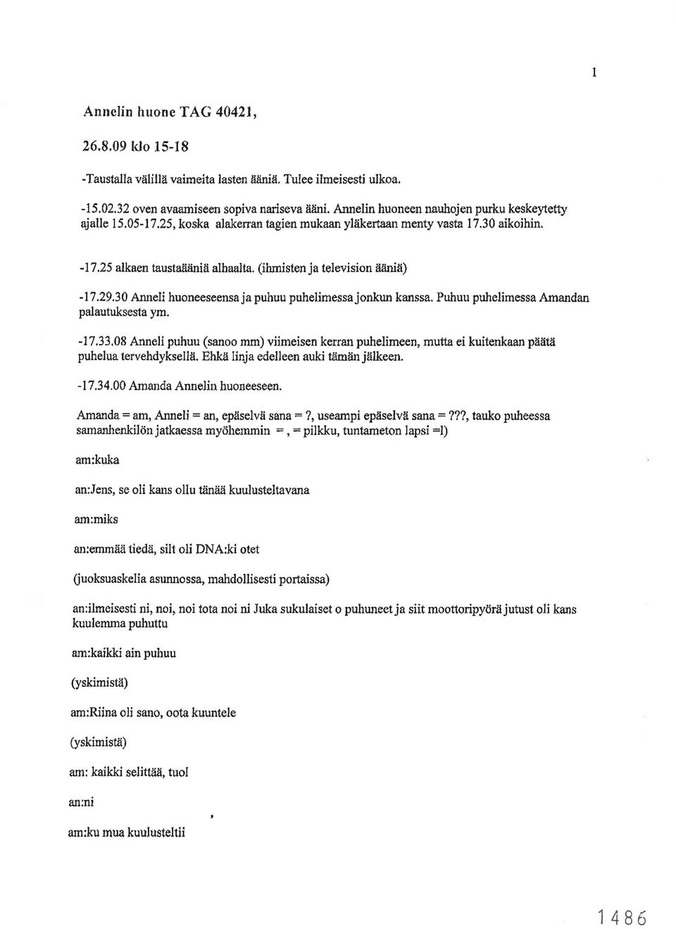 (ihmisten ja television ääniä) -17.29.30 Anneli huoneeseensa ja puhuu puhelimessa jonkun kanssa. Puhuu puhelimessa Amandan palautuksesta ym. -17.33.