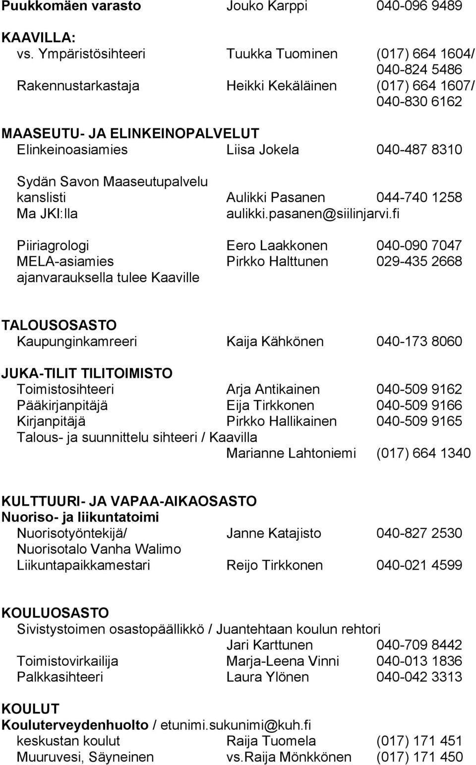 8310 Sydän Savon Maaseutupalvelu kanslisti Aulikki Pasanen 044-740 1258 Ma JKI:lla aulikki.pasanen@siilinjarvi.