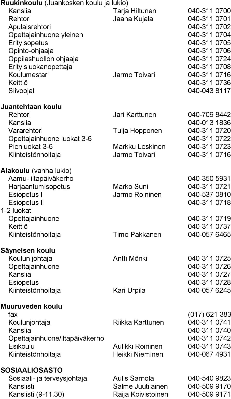 koulu Rehtori Jari Karttunen 040-709 8442 Kanslia 040-013 1836 Vararehtori Tuija Hopponen 040-311 0720 Opettajainhuone luokat 3-6 040-311 0722 Pienluokat 3-6 Markku Leskinen 040-311 0723