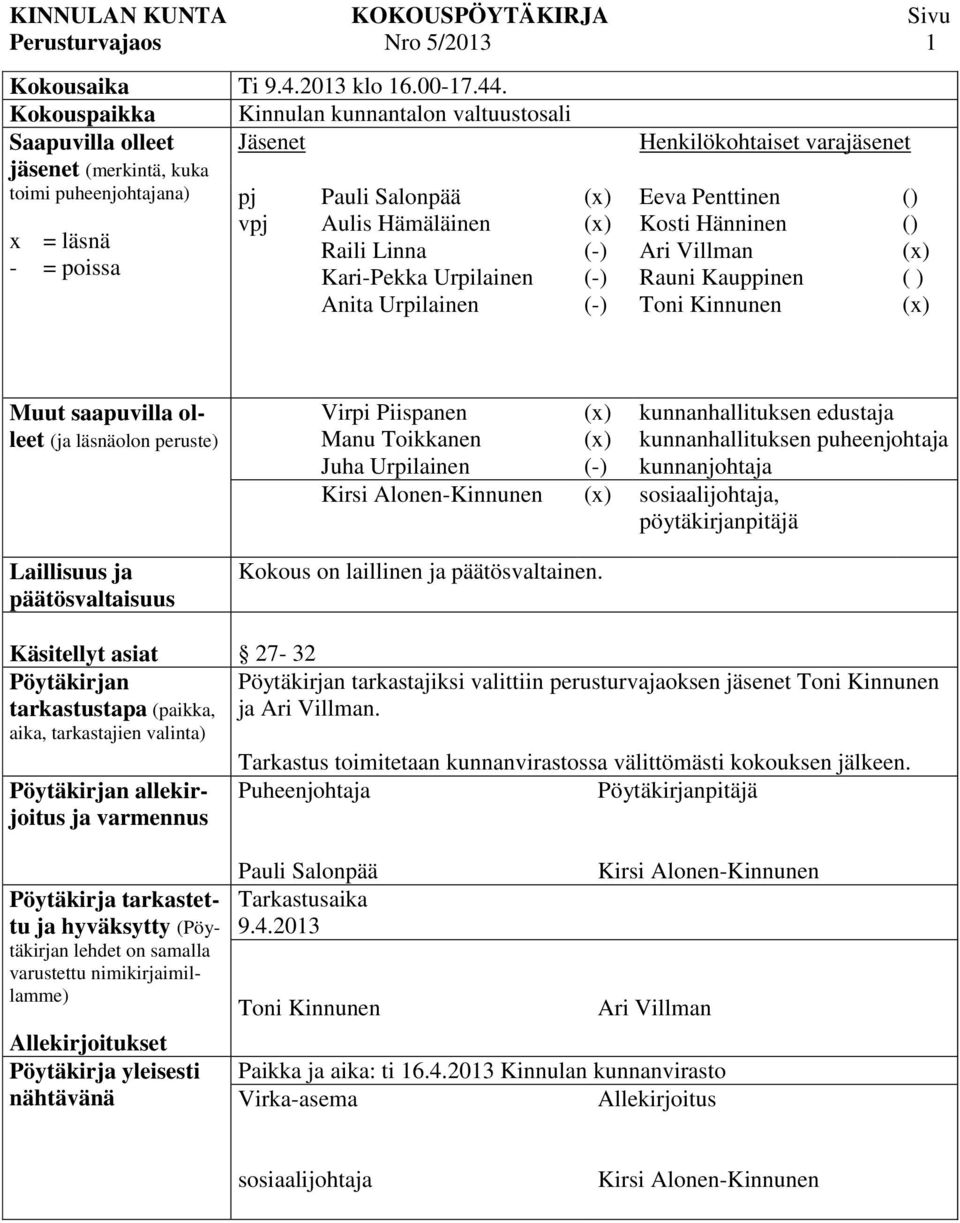 Kari-Pekka Urpilainen Anita Urpilainen (-) (-) (-) Henkilökohtaiset varajäsenet Eeva Penttinen Kosti Hänninen Ari Villman Rauni Kauppinen Toni Kinnunen () () ( ) Muut saapuvilla olleet (ja läsnäolon