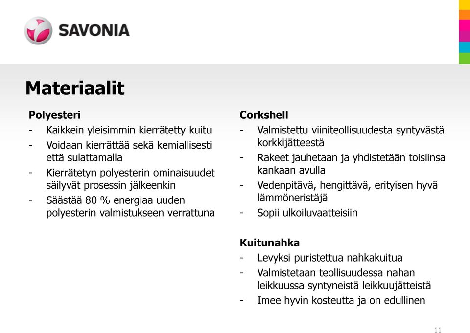 syntyvästä korkkijätteestä - Rakeet jauhetaan ja yhdistetään toisiinsa kankaan avulla - Vedenpitävä, hengittävä, erityisen hyvä lämmöneristäjä - Sopii