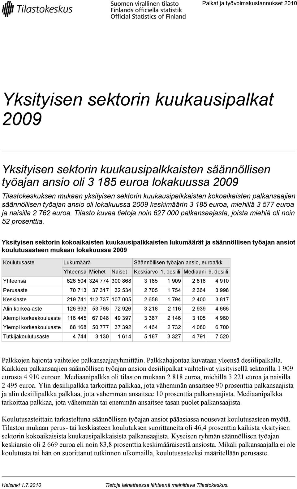 Tilasto kuvaa tietoja noin 627 000 palkansaajasta, joista miehiä oli noin 52 prosenttia.