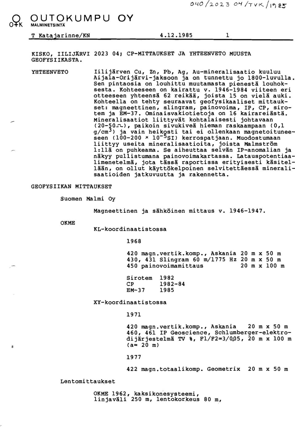 Kohteeseen on kairattu v. 1946-1984 viiteen eri otteeseen yhteensä 62 reikää, joista 15 on vielä auki.