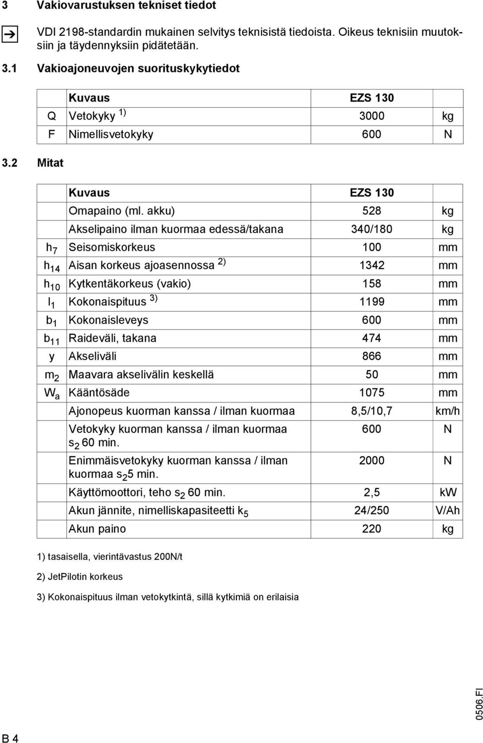 akku) 528 kg Akselipaino ilman kuormaa edessä/takana 340/180 kg h 7 Seisomiskorkeus 100 mm h 14 Aisan korkeus ajoasennossa 2) 1342 mm h 10 Kytkentäkorkeus (vakio) 158 mm l 1 Kokonaispituus 3) 1199 mm