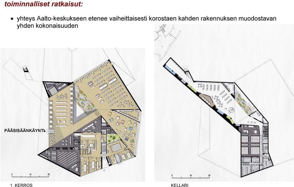 korostaen kahden rakennuksen muodostavan