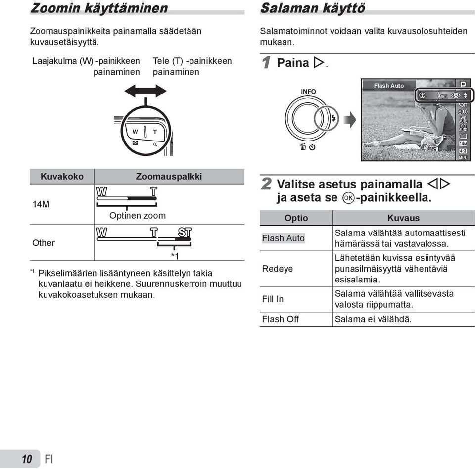 0 WB AUTO ISO AUTO 14M 4:3 MENU Kuvakoko 14M Zoomauspalkki Optinen zoom Other *1 *1 Pikselimäärien lisääntyneen käsittelyn takia kuvanlaatu ei heikkene.