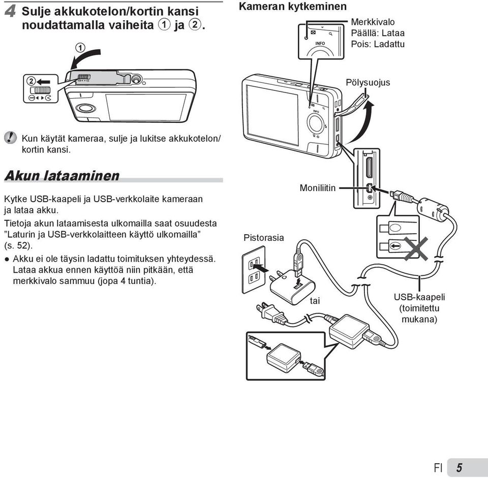 Akun lataaminen Kytke USB-kaapeli ja USB-verkkolaite kameraan ja lataa akku.