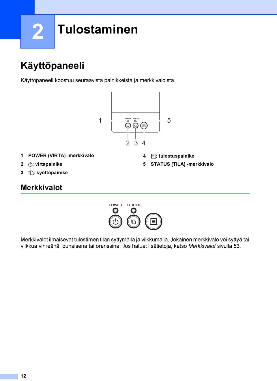 -merkkivalo Merkkivalot 2 Merkkivalot ilmaisevat tulostimen tilan syttymällä ja vilkkumalla.