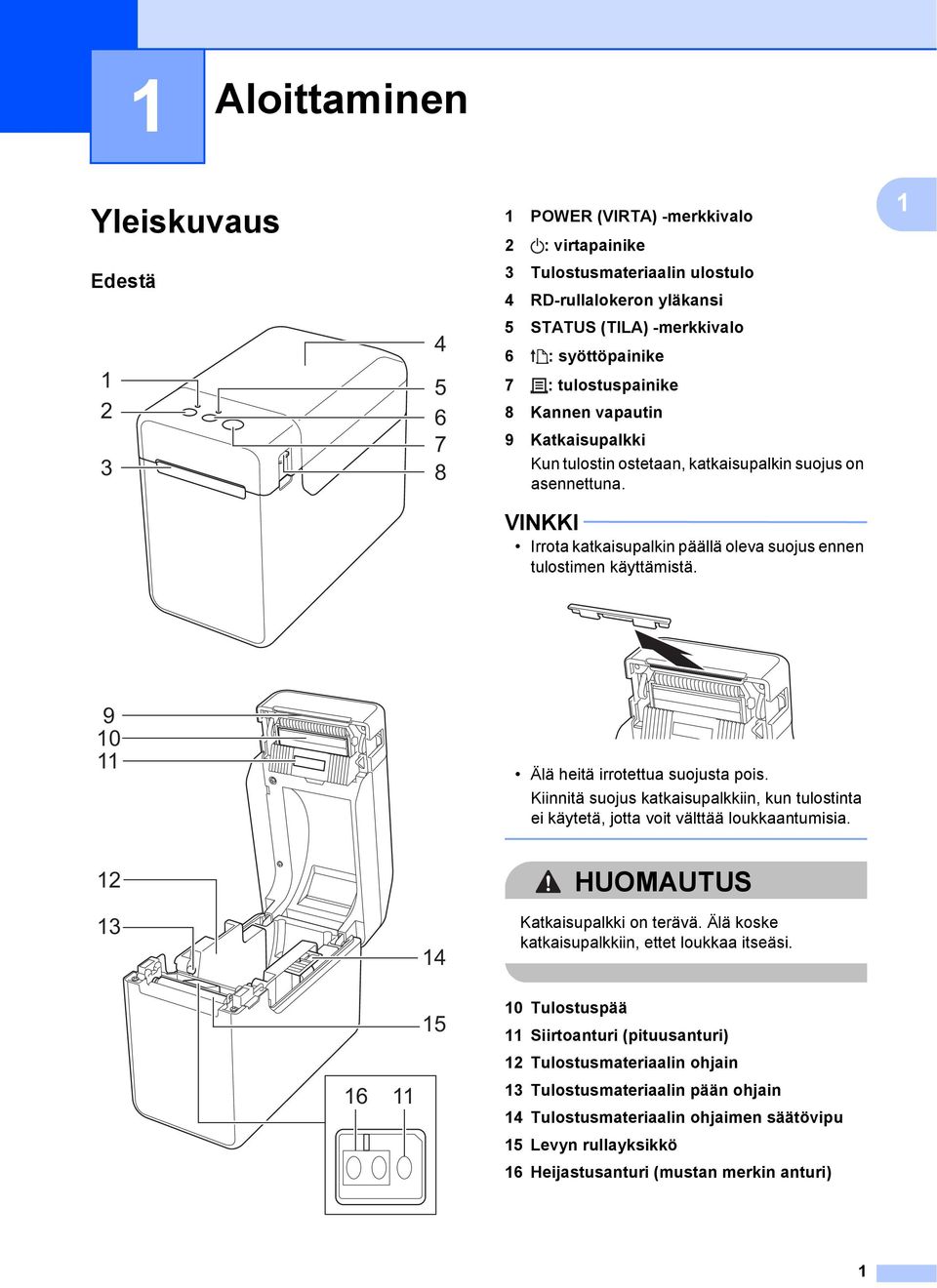 9 0 Älä heitä irrotettua suojusta pois. Kiinnitä suojus katkaisupalkkiin, kun tulostinta ei käytetä, jotta voit välttää loukkaantumisia. 2 3 4 HUOMAUTUS Katkaisupalkki on terävä.