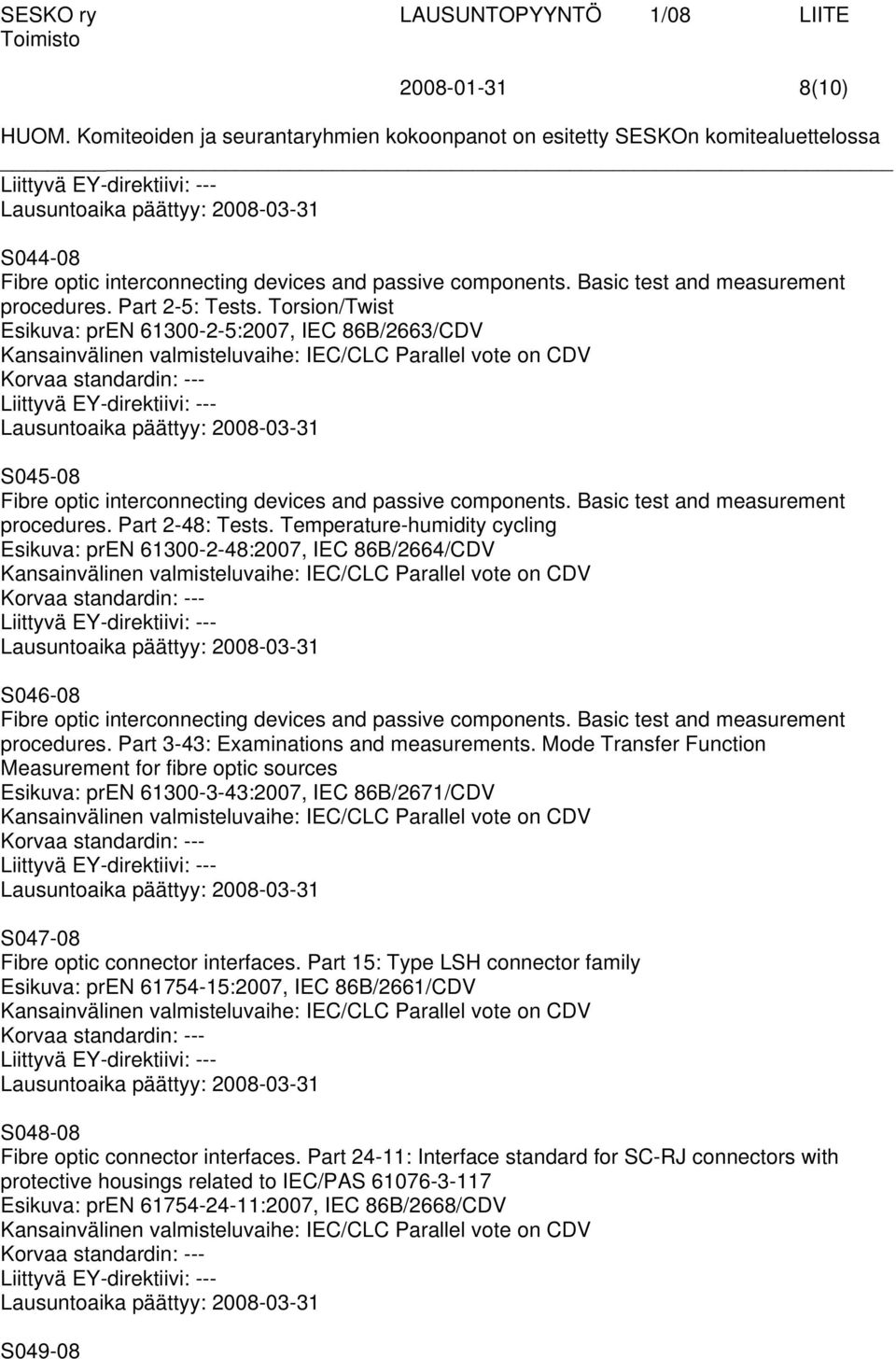 Temperature-humidity cycling Esikuva: pren 61300-2-48:2007, IEC 86B/2664/CDV S046-08 Fibre optic interconnecting devices and passive components. Basic test and measurement procedures.