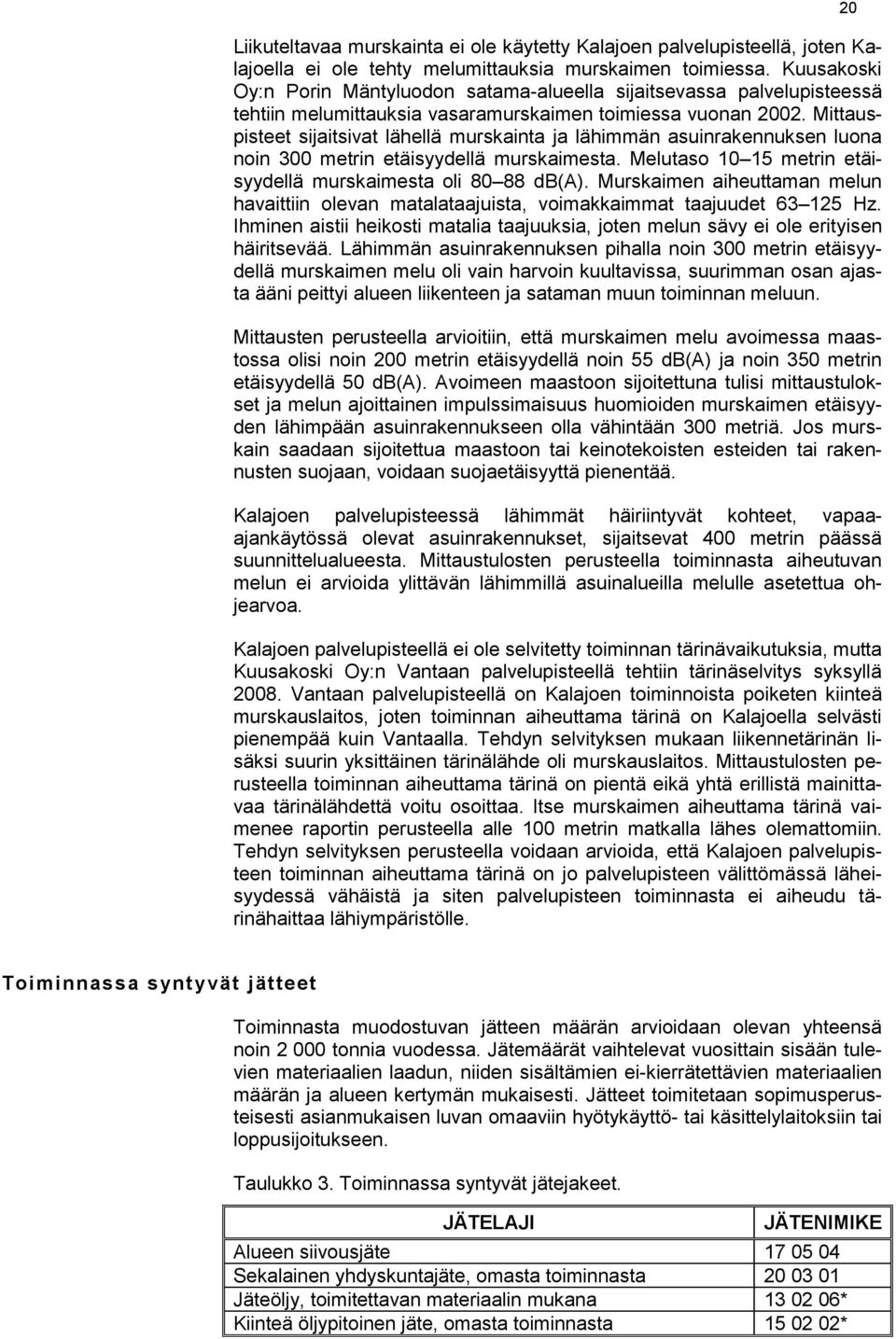 Mittauspisteet sijaitsivat lähellä murskainta ja lähimmän asuinrakennuksen luona noin 300 metrin etäisyydellä murskaimesta. Melutaso 10 15 metrin etäisyydellä murskaimesta oli 80 88 db(a).